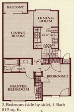 2 Beds, 1 Bath Model floor plan